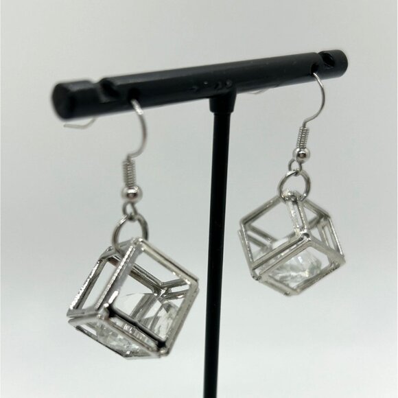 Silver-Tone Box Earrings Clear Rivoli Dangles Pierced Hooks Geometric - Picture 2 of 12